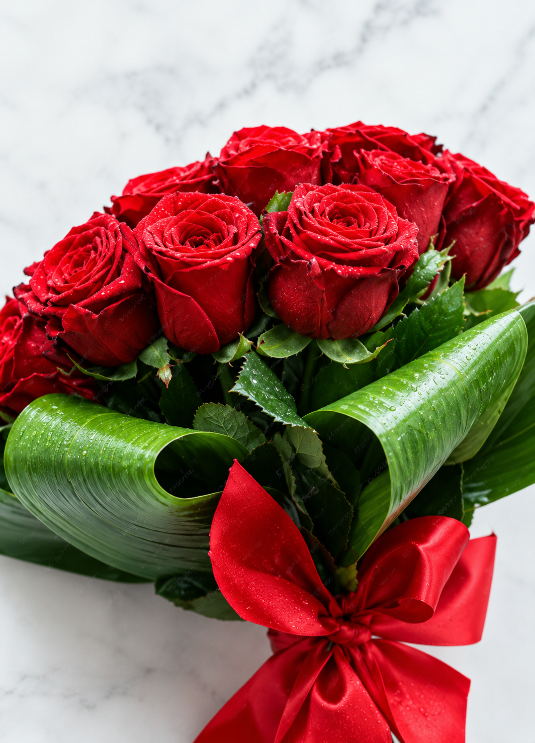 Featured rose bouquet of the week, deep red roses hand-tied with eucalyptus